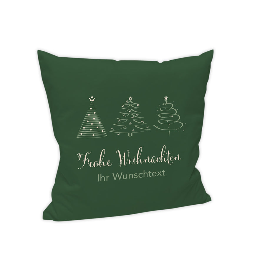Der Hintergrund des Kissens ist in einem dunkelgrün gehalten. Im oberen Bereich sind drei abstrakte Weihnachtsbäume dargestellt.

Unter den Weihnachtsbäumen steht als Text "Frohe Weihnachten" geschrieben. Darunter kann ein Wunschtext aufgedruckt werden.