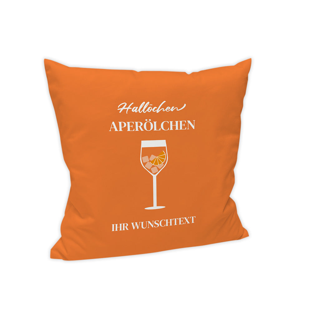 Kissen: Orangenes Motiv mit dem Spruch "Hallöchen Aperölchen". 
