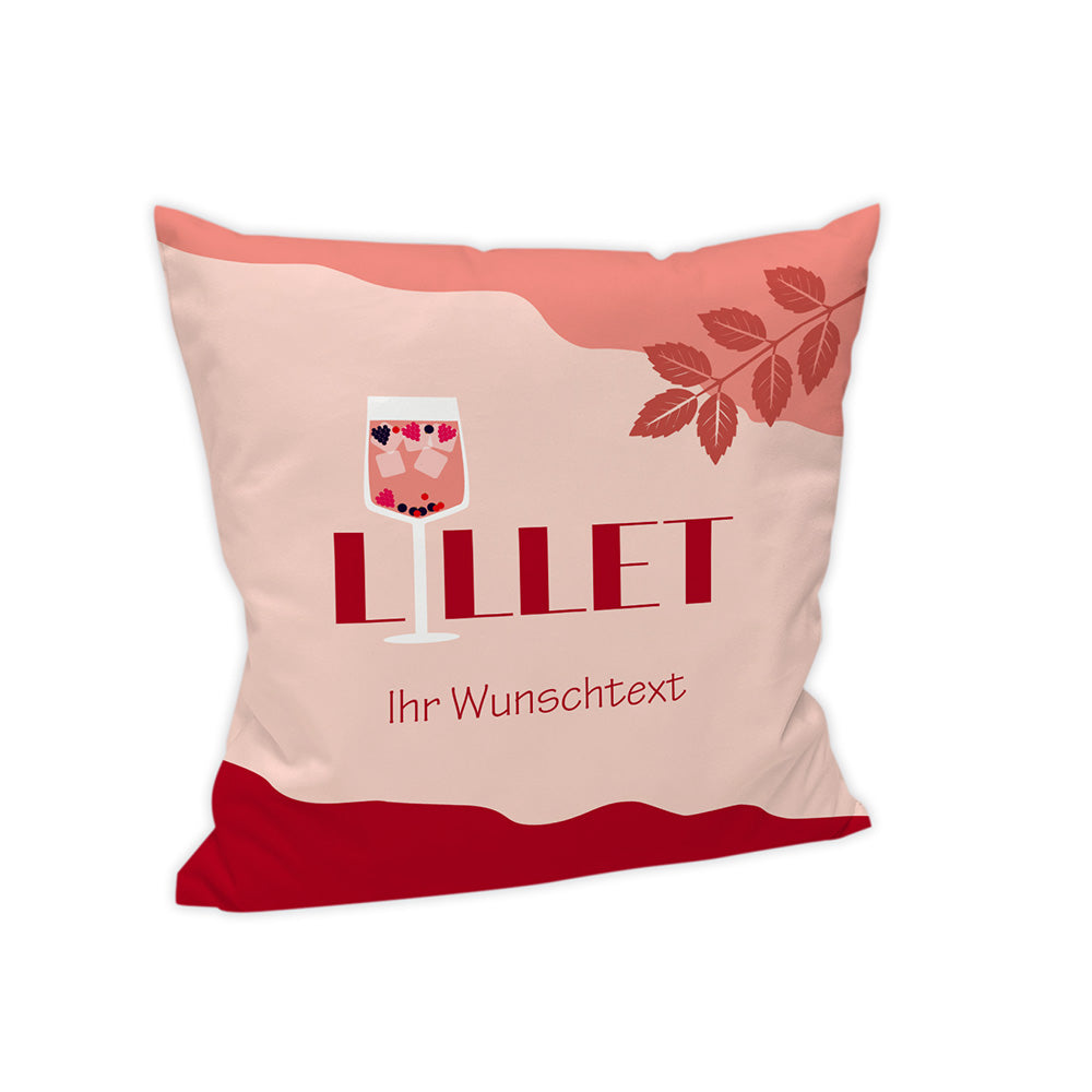 Kissen: Motiv LILLET, wobei das i ein Aperetif-Glas mit Wildberry darstellt.