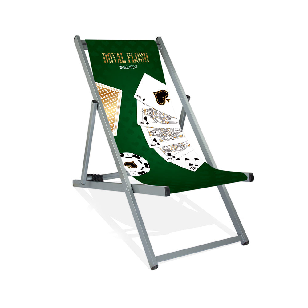 Aluminium-Liegestuhl ohne Armlehne  in silber Lasur im Poker Royal Flush Design mit Spielkarten, Pokerchips und dunkelgrünem Hintergrund. 