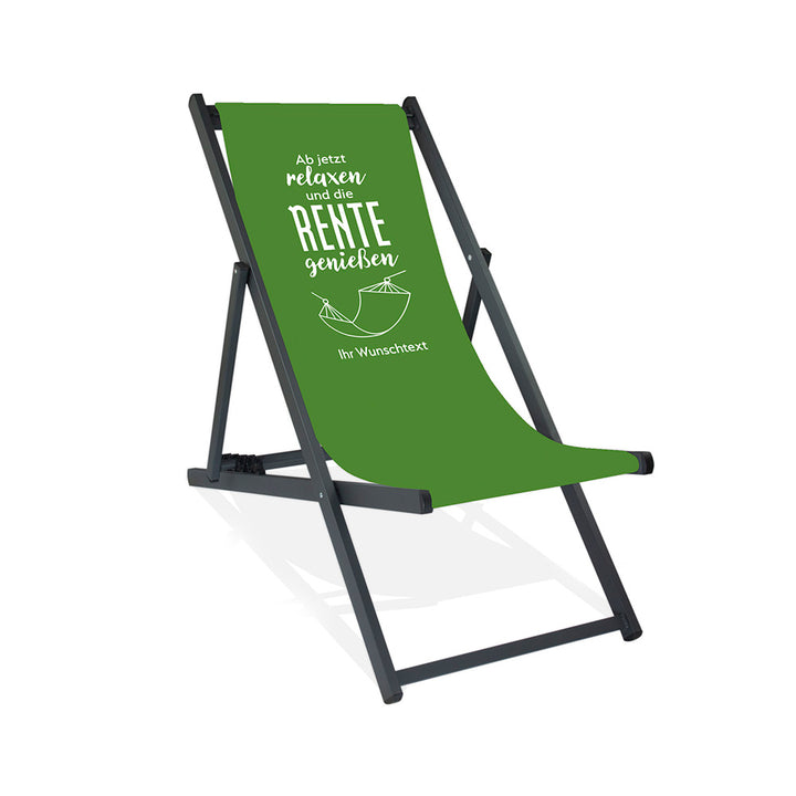 Schwarzer Aluminiumliegestuhl ohne Armlehne. Motiv auf Bezug: Hintergrund Grün
Aufschrift: "Ab jetzt relaxen und die Rente genießen". Darunter eine Umrandung einer Hängematte und darunter die Aufschrift "Ihr Wunschtext".