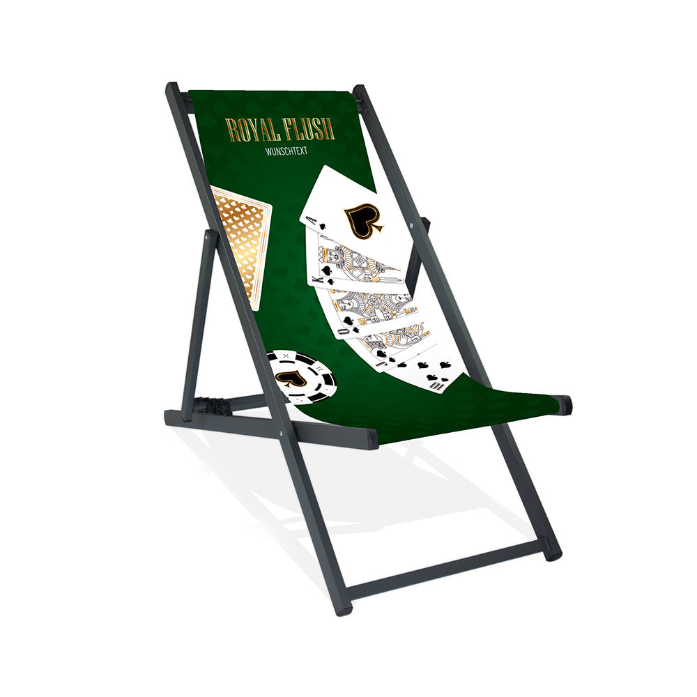 Aluminium-Liegestuhl ohne Armlehne  in schwarz Lasur im Poker Royal Flush Design mit Spielkarten, Pokerchips und dunkelgrünem Hintergrund. 