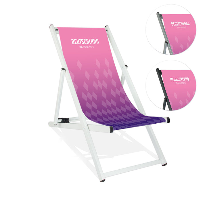 Mittig ist ein weißer Aluminium-Lieigestuhl ohne Armlehne abgebildet.
Pink-Lila Hintergrund im Stil des Auswärtstrikots der EM 2024 der Nationalelf.
Neben dem Liegestuhl sind in zwei Kreisen die Lasurfarbe Silber und Schwarz abgebildet.