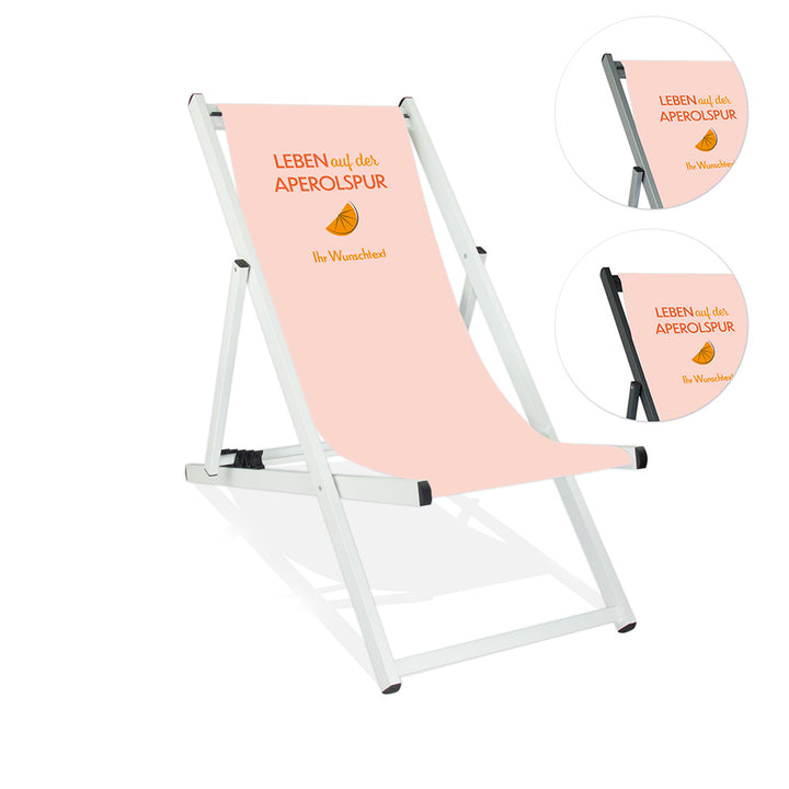 Mittig ist ein weißer Alumiumliegestuhl ohne Armlehne abgebildet.
Helles Motiv mit dem Spruch "Leben auf der Aperolspur". 
Neben dem Liegestuhl ist in zwei Kreisen die Lasurfarbe Silber und Schwarz abgebildet.