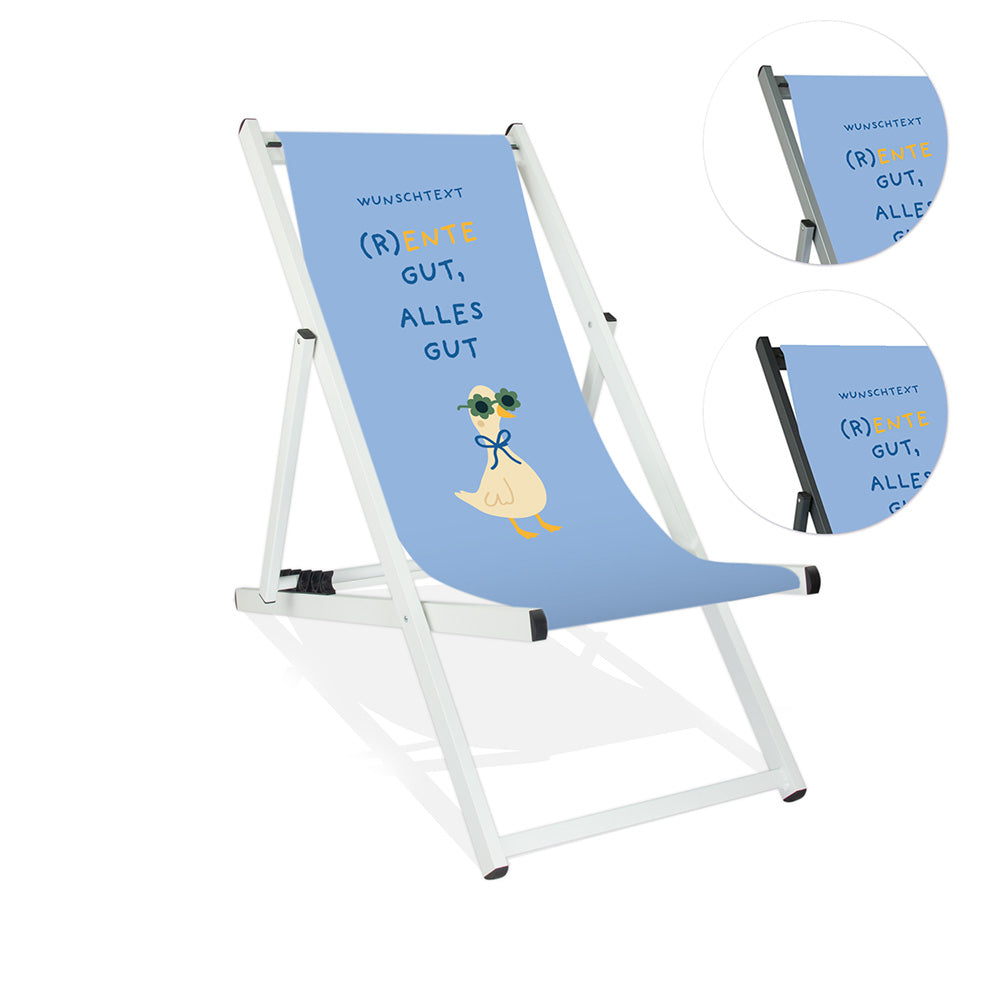 Mockup eines personalisierten Aluminiumliegestuhls ohne Armlehne mit himmelblauen Hintergrund, Enten-Motiv mit Sonnenbrille und Schriftzug "(R)Ente gut, alles gut."
Die Farbe des Liegestuhls ist Weiß.
Rechts daneben wird in zwei Kreisen die Farbe Silber und Schwarz dargestellt.