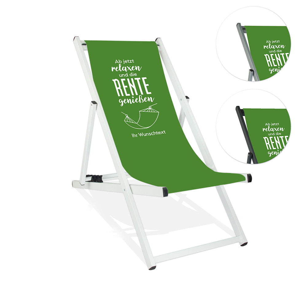Weißer Aluminiumliegestuhl ohne Armlehne. Motiv auf Bezug: Hintergrund Grün
Aufschrift: "Ab jetzt relaxen und die Rente genießen". Darunter eine Umrandung einer Hängematte und darunter die Aufschrift "Ihr Wunschtext". Daneben sind in zwei untereinanderliegenden Kreisen die Lasurfarbe silber und schwarz abgebildet.