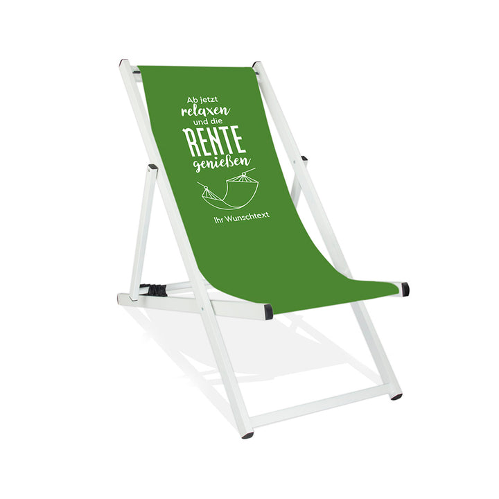Weißer Aluminiumliegestuhl ohne Armlehne. Motiv auf Bezug: Hintergrund Grün
Aufschrift: "Ab jetzt relaxen und die Rente genießen". Darunter eine Umrandung einer Hängematte und darunter die Aufschrift "Ihr Wunschtext".