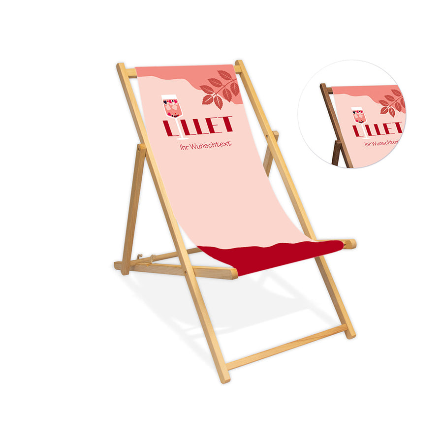Mittig ist ein farbloser Holzliegestuhl ohne Armlehne abgebildet.
Motiv LILLET, wobei das i ein Aperetif-Glas mit Wildberry darstellt.
Neben dem Liegestuhl ist in einem Kreis die Lasurfarbe dunkelbraun abgebildet.