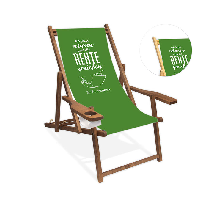 Dunkelbrauner Holzliegestuhl mit Armlehne. Motiv auf Bezug: Hintergrund Grün
Aufschrift: "Ab jetzt relaxen und die Rente genießen". Darunter eine Umrandung einer Hängematte und darunter die Aufschrift "Ihr Wunschtext". Daneben ist in einem Kreis die Lasurfarbe farblos abgebildet.