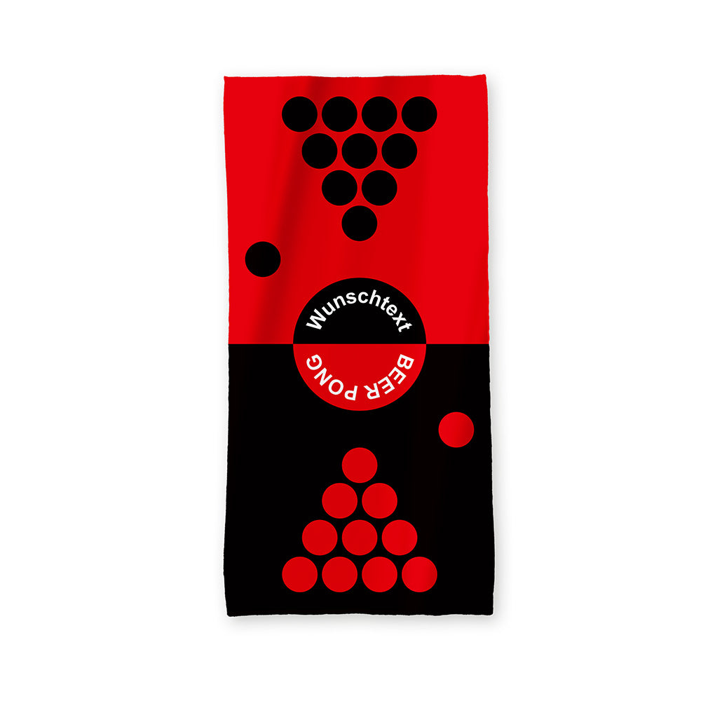 Die obere Hälfte des Handtuchs ist in Rot gehalten und die untere Hälfte in Schwarz.
Im oberen Bereich befinden sich schwarze Kreise in Dreiecksform angeordnet und unterhalb das gleiche in Rot.
Das Motiv stellt ein Beer Pong-Feld dar.